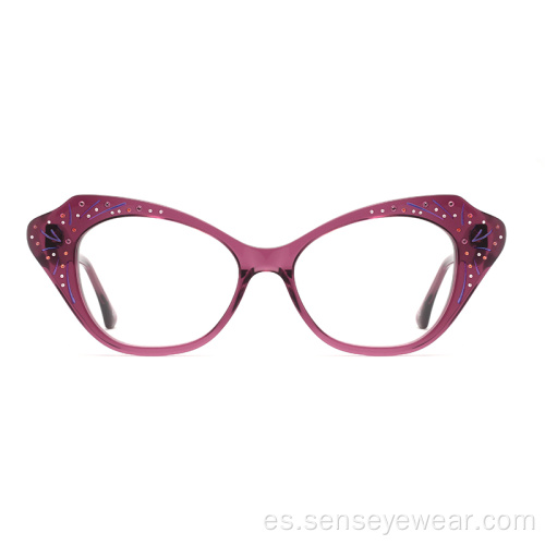 Mujeres Rhinestone Diamond Acetate Marco óptico Gafas